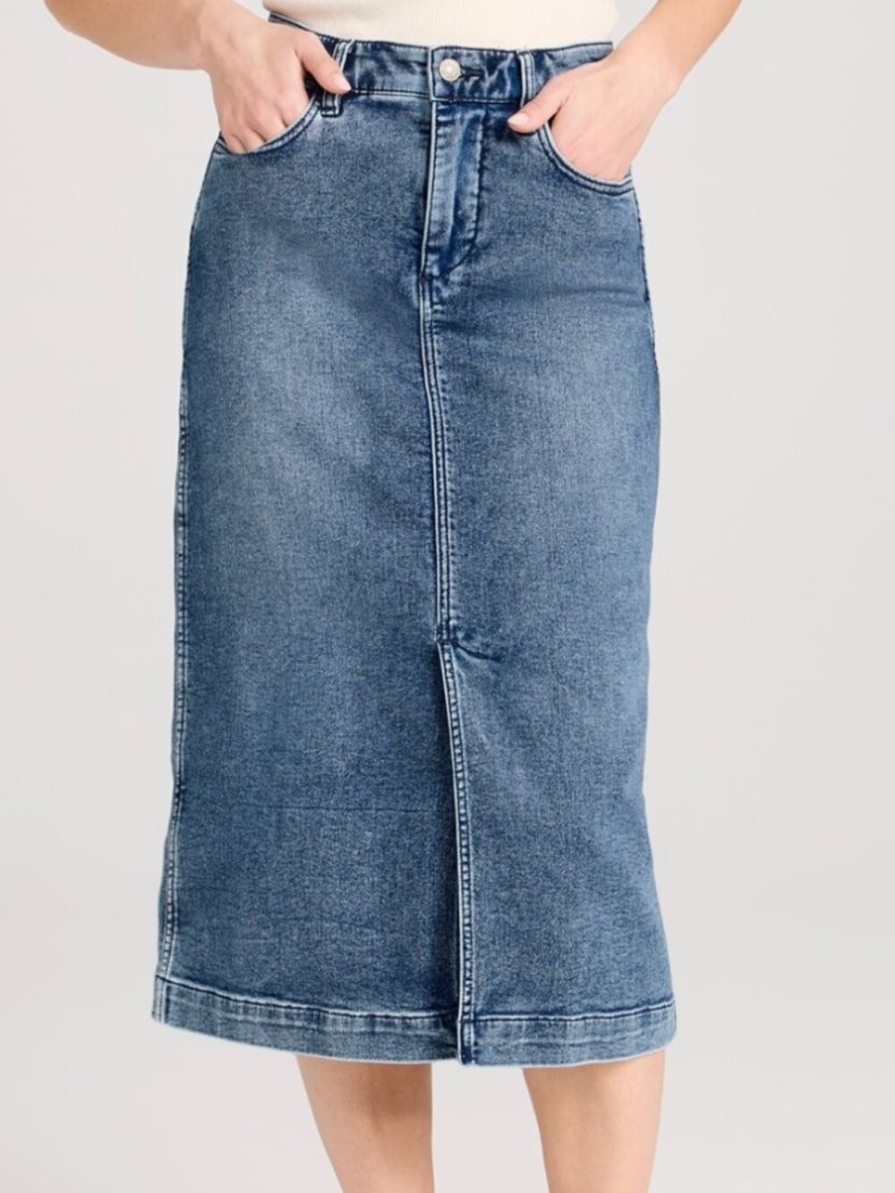 Faherty Stretch Terry Midi Skirt Riverton Blue A-Line Denim Look Front Slit Soft
